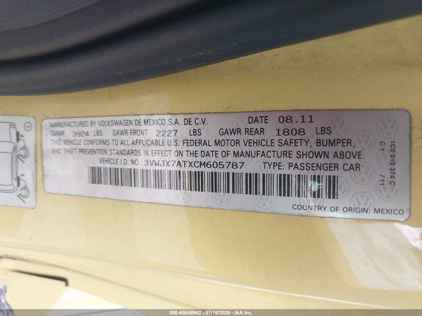 2012 Volkswagen Beetle 2.5L VIN: 3VWJX7ATXCM605787 Lot: 45648942