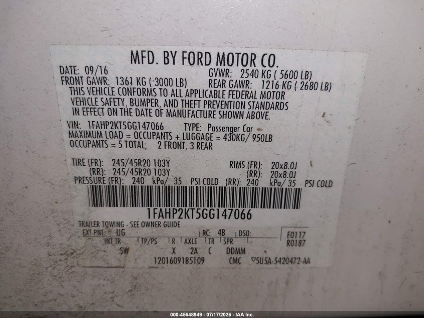 2016 Ford Taurus Sho VIN: 1FAHP2KT5GG147066 Lot: 45648949