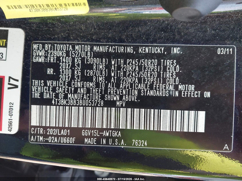2011 Toyota Venza Base V6 VIN: 4T3BK3BB3BU053728 Lot: 45648970