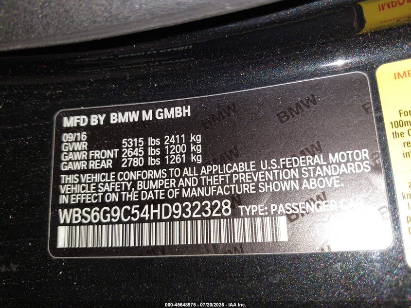 2017 BMW M6 VIN: WBS6G9C54HD932328 Lot: 45648975