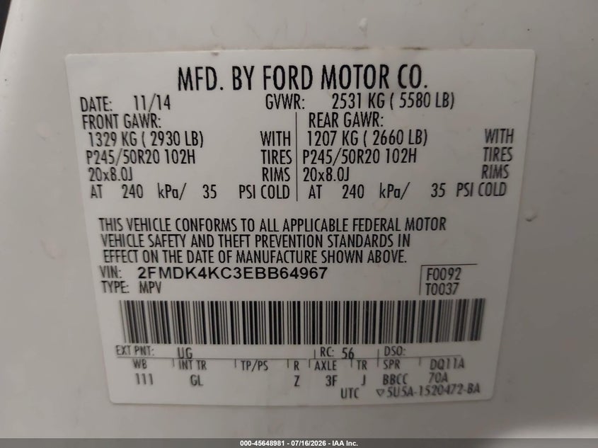 2014 Ford Edge Limited VIN: 2FMDK4KC3EBB64967 Lot: 45648981