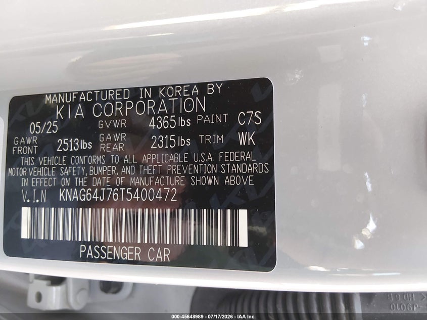 2026 Kia K5 Gt-Line Fwd VIN: KNAG64J76T5400472 Lot: 45648989