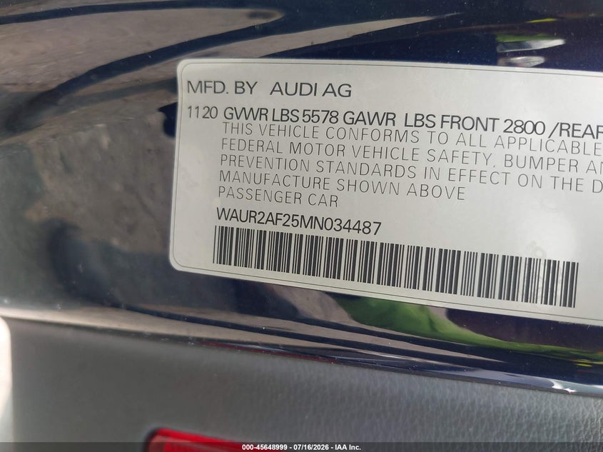 2021 Audi A7 Sportback Premium Plus 55 Tfsi Quattro S Tronic VIN: WAUR2AF25MN034487 Lot: 45648999
