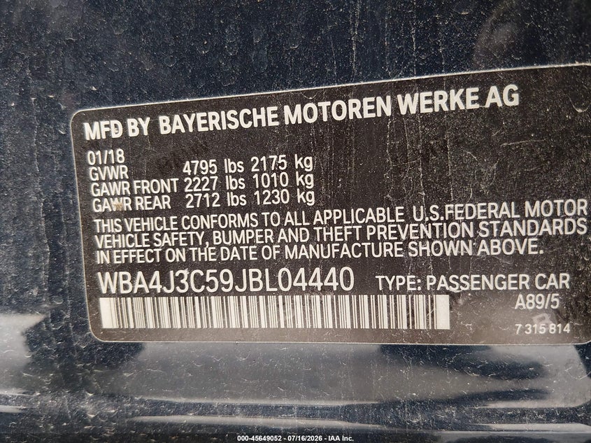 2018 BMW 430I Gran Coupe xDrive VIN: WBA4J3C59JBL04440 Lot: 45649052