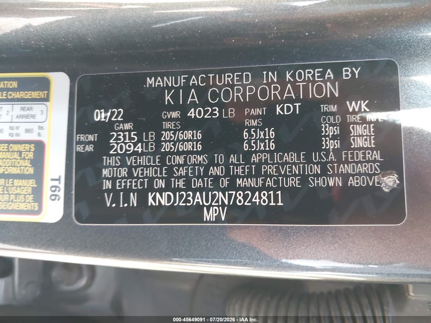 2022 Kia Soul Lx VIN: KNDJ23AU2N7824811 Lot: 45649091