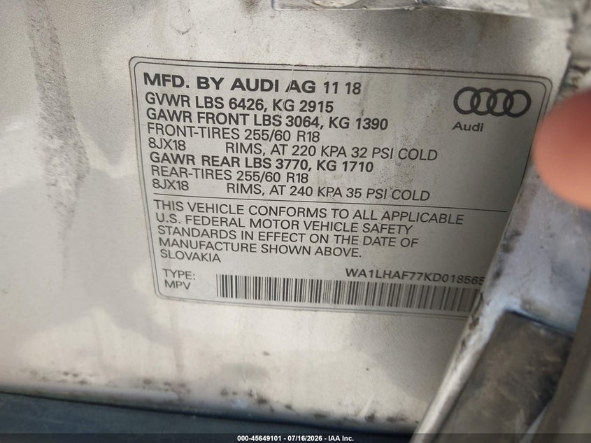 2019 Audi Q7 45 Premium/45 Se Premium VIN: WA1LHAF77KD018565 Lot: 45649101