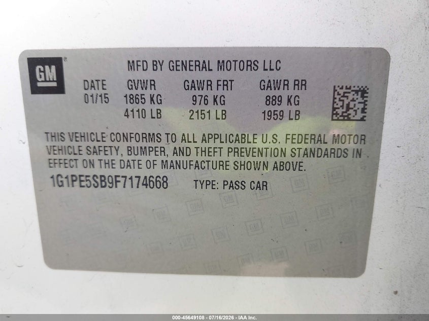 CHEVROLET CRUZE 2015 VIN 1G1PE5SB9F7174668