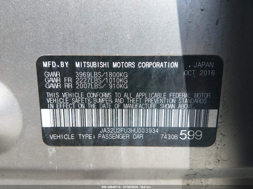 2017 Mitsubishi Lancer Es VIN: JA32U2FU3HU003934 Lot: 45649118