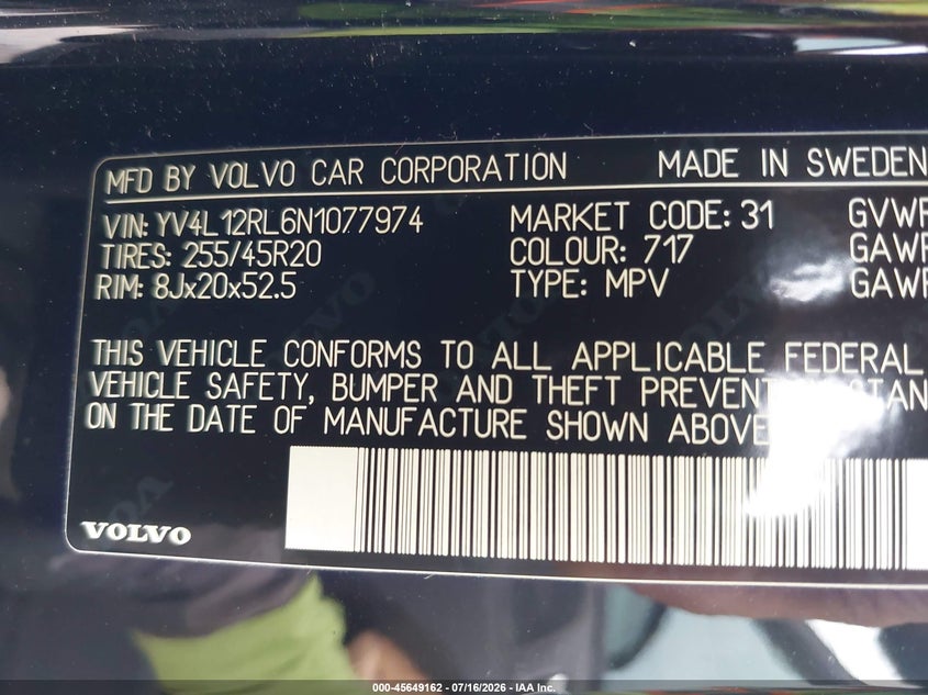 2022 Volvo Xc60 B5 Inscription VIN: YV4L12RL6N1077974 Lot: 45649162