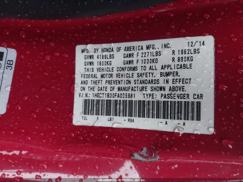 HONDA ACCORD 2015 VIN 1HGCT1B30FA005981