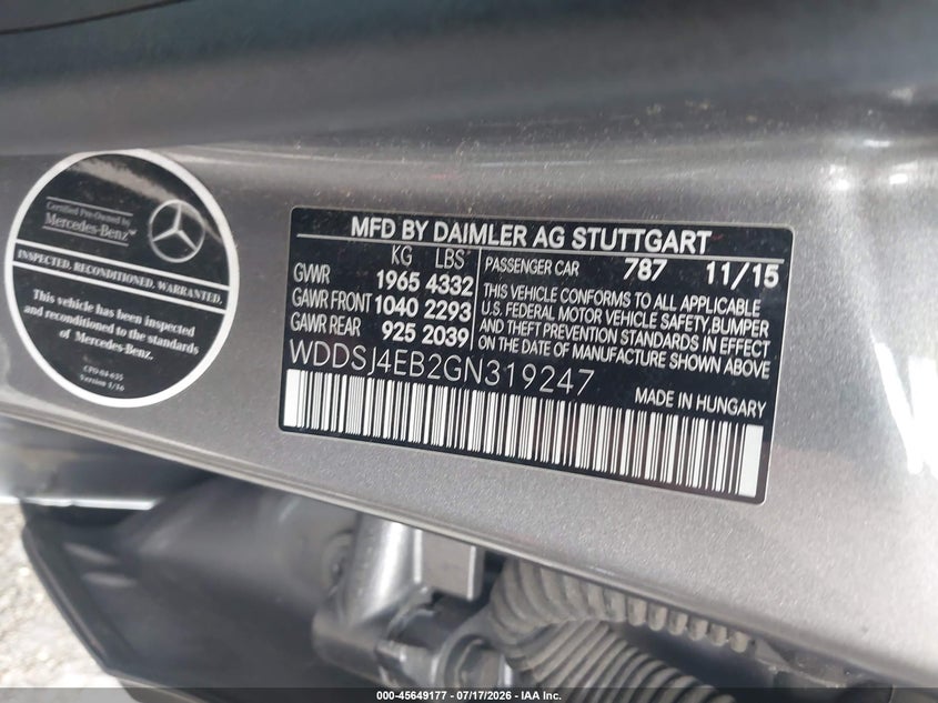 2016 Mercedes-Benz Cla 250 VIN: WDDSJ4EB2GN319247 Lot: 45649177