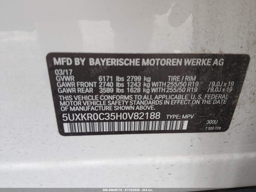 2017 BMW X5 xDrive35I VIN: 5UXKR0C35H0V82188 Lot: 45649178