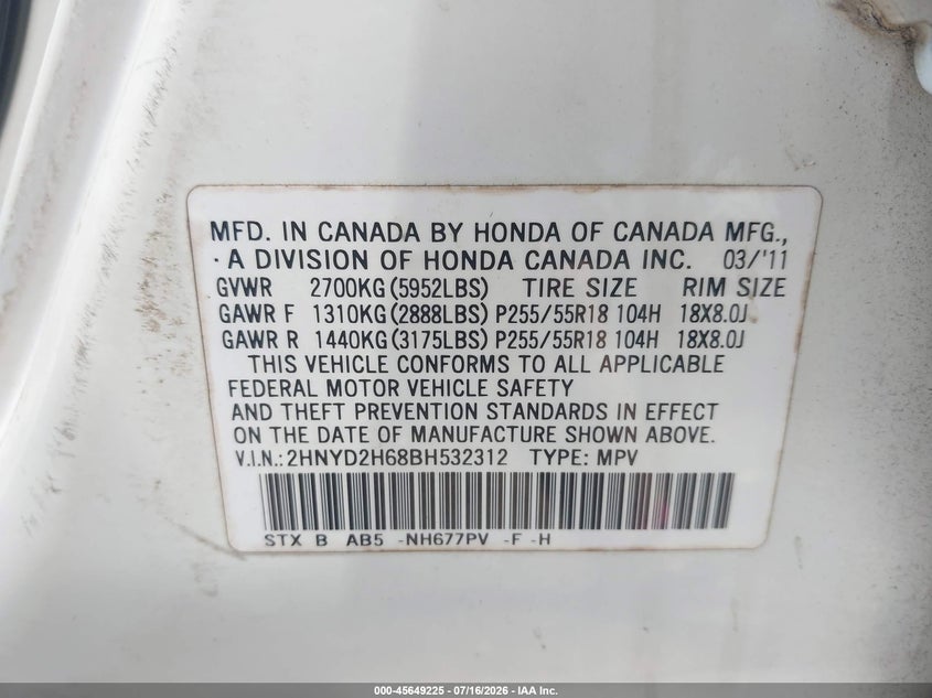 2011 Acura Mdx Technology Package VIN: 2HNYD2H68BH532312 Lot: 45649225