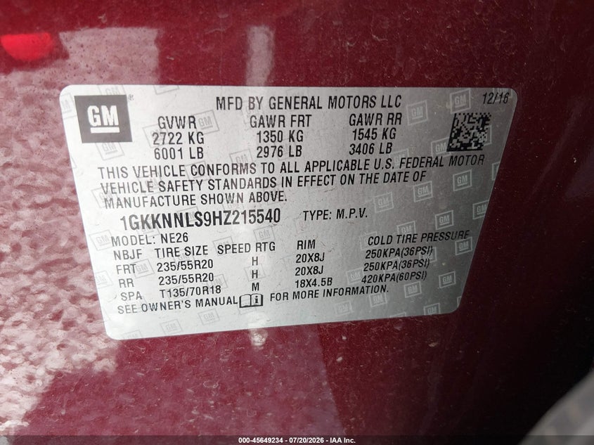 2017 GMC Acadia Slt-2 VIN: 1GKKNNLS9HZ215540 Lot: 45649234