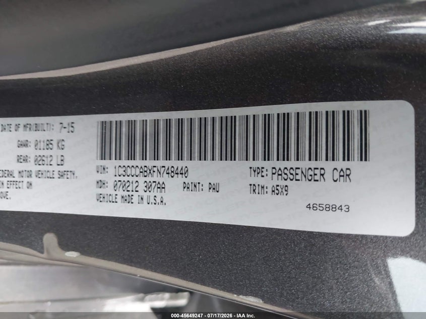 2015 Chrysler 200 Limited VIN: 1C3CCCABXFN748440 Lot: 45649247
