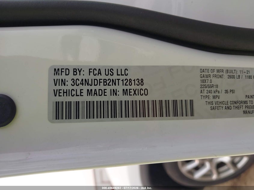 2022 Jeep Compass Latitude Lux 4X4 VIN: 3C4NJDFB2NT128138 Lot: 45649282