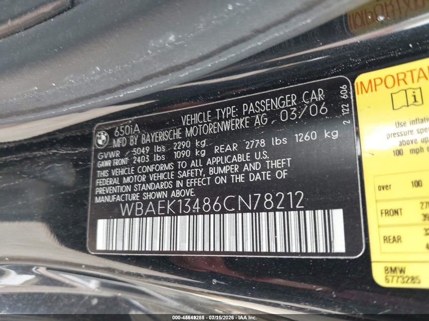 2006 BMW 650I VIN: WBAEK13486CN78212 Lot: 45649285