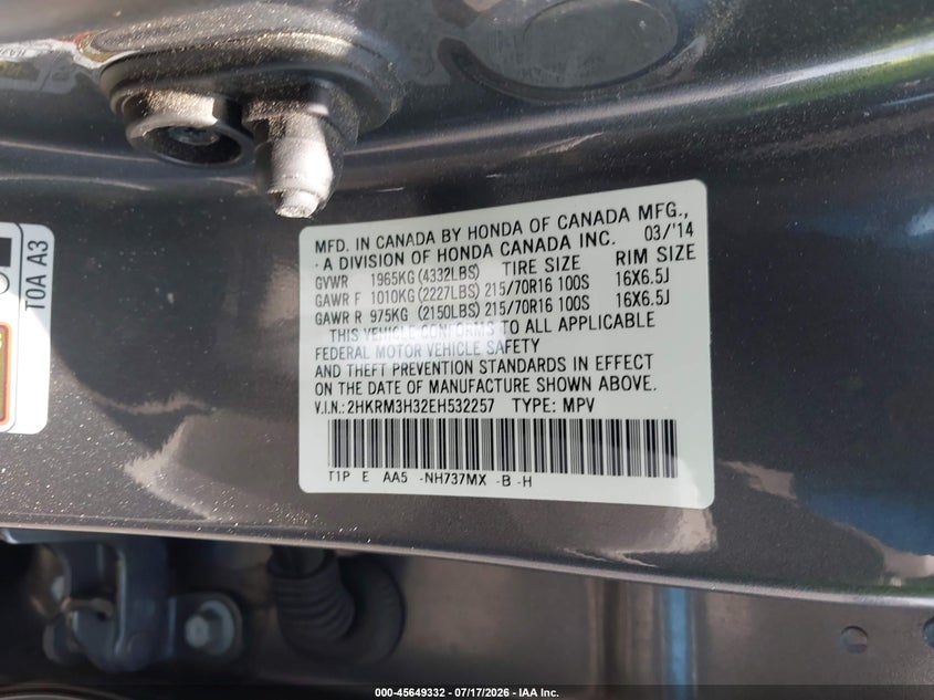 2014 Honda Cr-V Lx VIN: 2HKRM3H32EH532257 Lot: 45649332