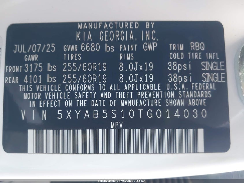2026 Kia Ev9 Light Long Range VIN: 5XYAB5S10TG014030 Lot: 45649366