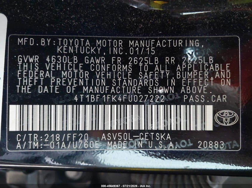 2015 Toyota Camry Se VIN: 4T1BF1FK4FU027222 Lot: 45649367