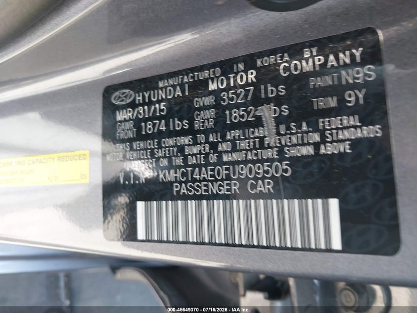 2015 Hyundai Accent Gls VIN: KMHCT4AE0FU909505 Lot: 45649370