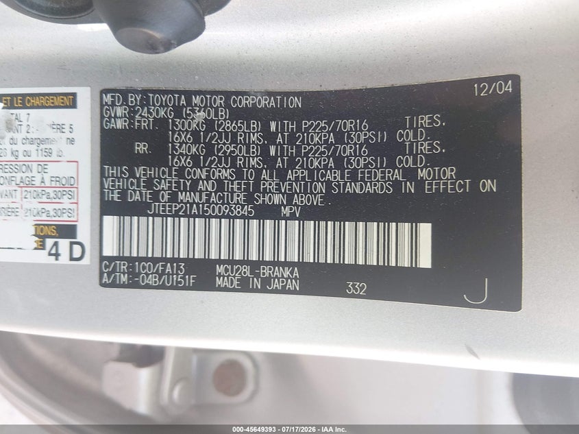 2005 Toyota Highlander V6 VIN: JTEEP21A150093845 Lot: 45649393