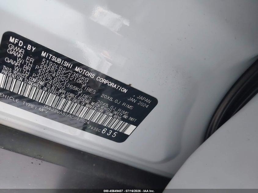 2024 Mitsubishi Outlander Se 2.5 2Wd/Se Black Edition S-Awc/Se Black Edition W/Pano Roof S-Awc VIN: JA4J3VA85RZ047024 Lot: 45649407