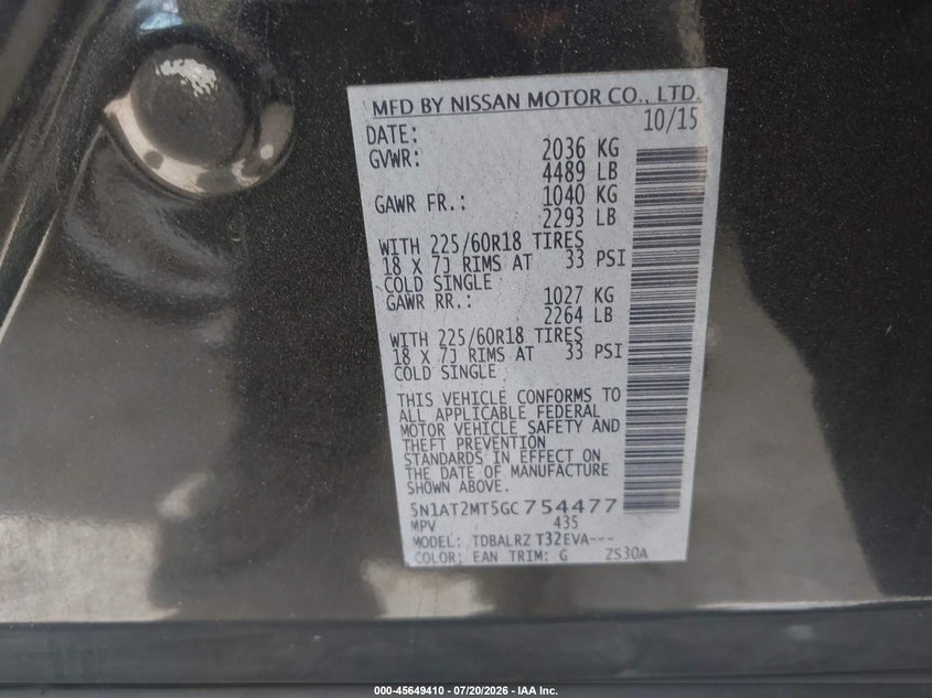 2016 Nissan Rogue Sl VIN: 5N1AT2MT5GC754477 Lot: 45649410