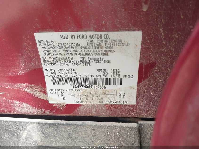 2014 Ford Taurus Sel VIN: 1FAHP2E86EG184566 Lot: 45649423
