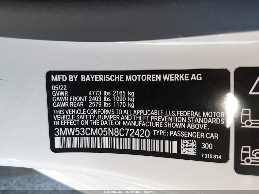 BMW M240 2022 VIN 3MW53CM05N8C72420