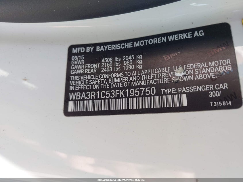 2015 BMW 435I VIN: WBA3R1C53FK195750 Lot: 45649434