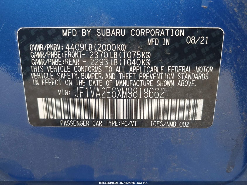 2021 Subaru Wrx Sti VIN: JF1VA2E6XM9818662 Lot: 45649459