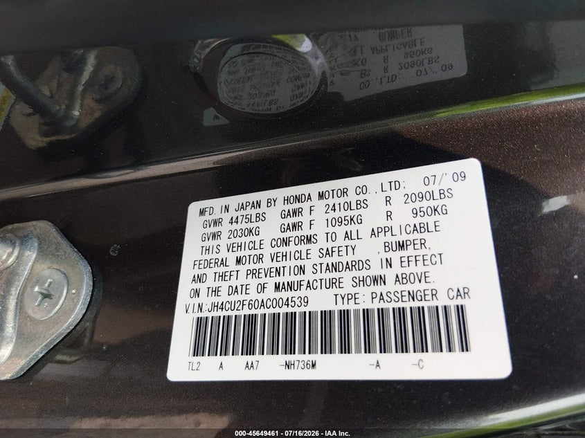 2010 Acura Tsx 2.4 VIN: JH4CU2F60AC004539 Lot: 45649461