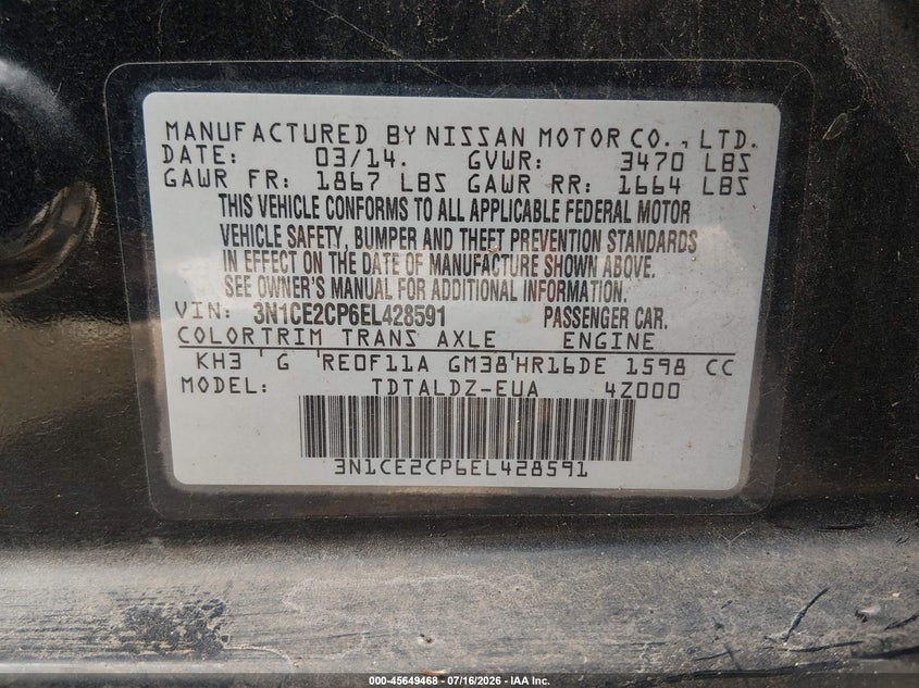 2014 Nissan Versa Note Sv VIN: 3N1CE2CP6EL428591 Lot: 45649468
