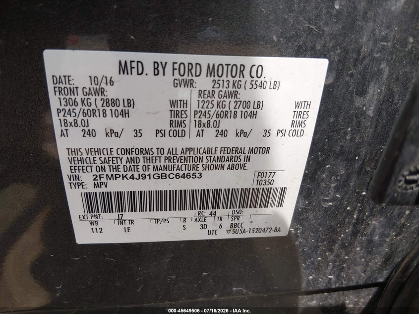 FORD EDGE 2016 VIN 2FMPK4J91GBC64653