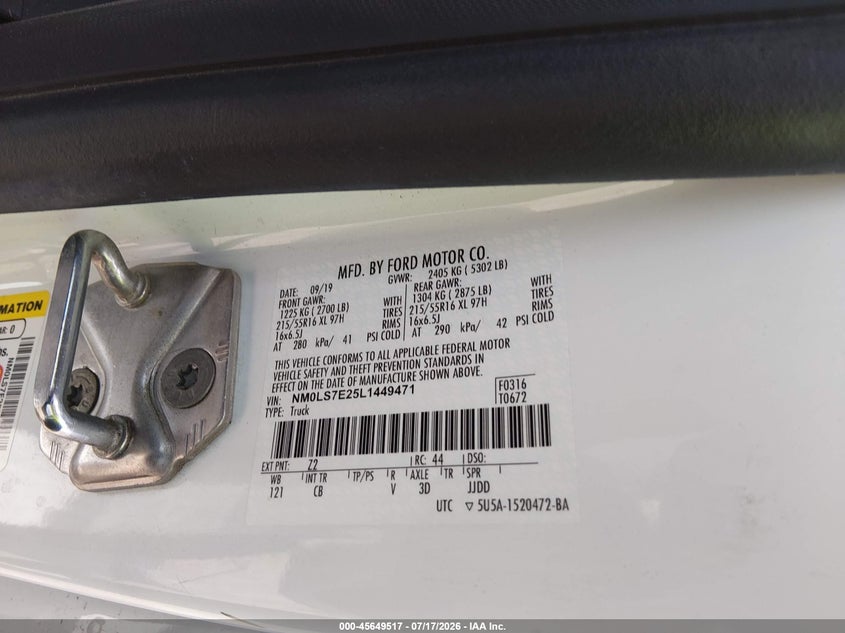 2020 Ford Transit Connect Xl VIN: NM0LS7E25L1449471 Lot: 45649517