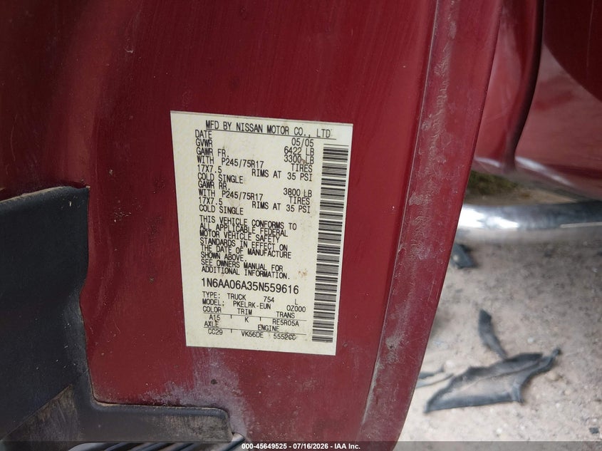 2005 Nissan Titan Xe VIN: 1N6AA06A35N559616 Lot: 45649525