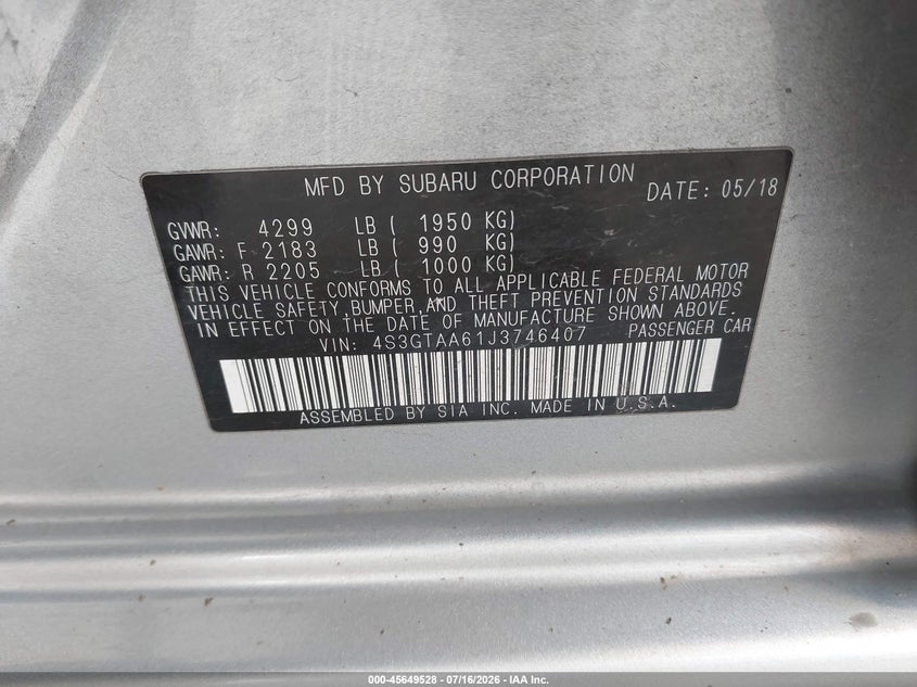 2018 Subaru Impreza 2.0I VIN: 4S3GTAA61J3746407 Lot: 45649528