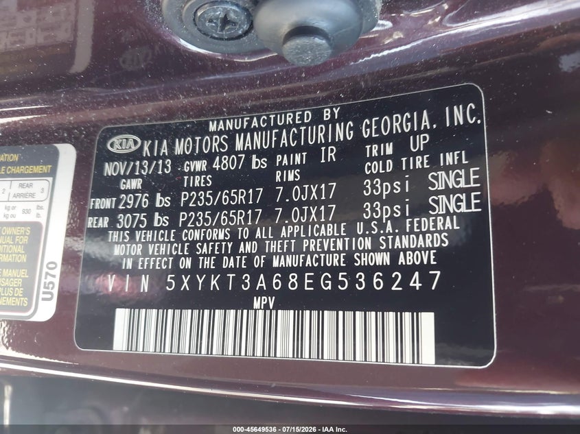 2014 Kia Sorento Lx VIN: 5XYKT3A68EG536247 Lot: 45649536