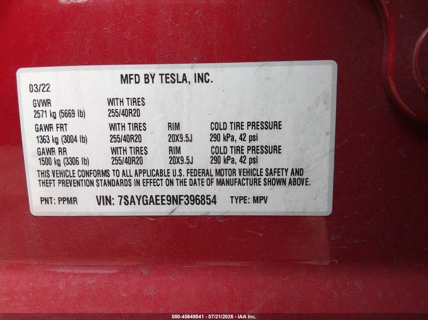 2022 Tesla Model Y Long Range Dual Motor All-Wheel Drive VIN: 7SAYGAEE9NF396854 Lot: 45649541