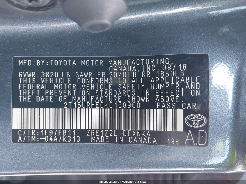 2019 Toyota Corolla Le VIN: 2T1BURHE0KC168960 Lot: 45649567