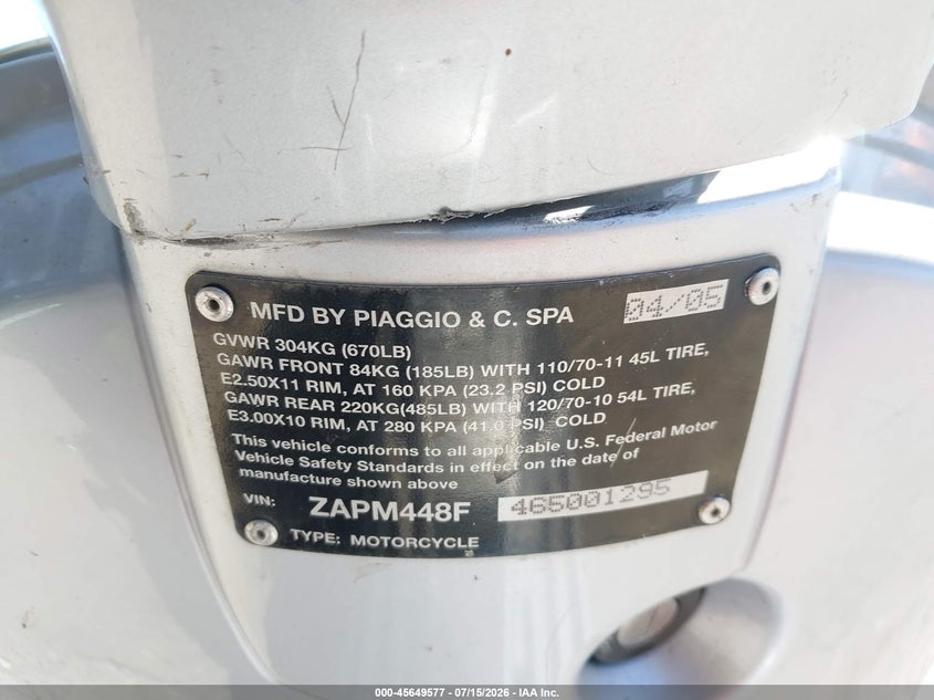 2006 Vespa Lx 150 VIN: ZAPM448F465001295 Lot: 45649577