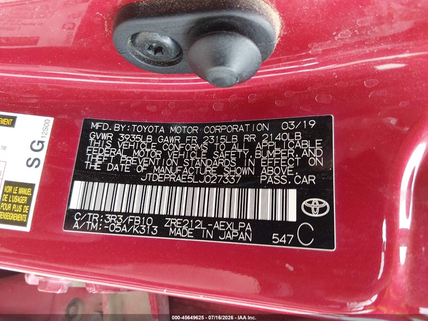 VIN JTDEPRAE5LJ027337 2020 TOYOTA COROLLA LE