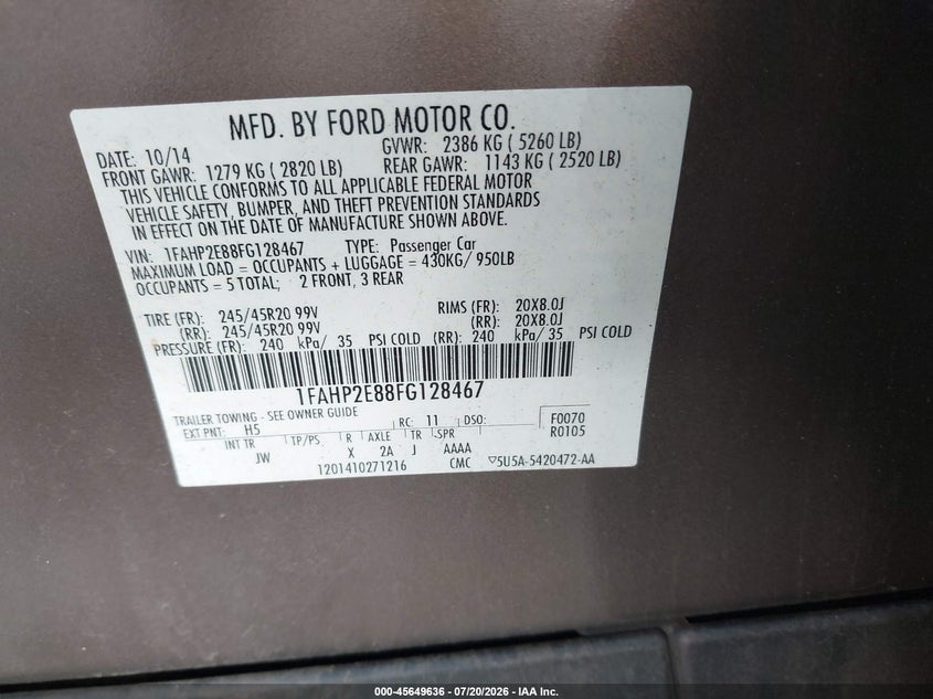 2015 Ford Taurus Sel VIN: 1FAHP2E88FG128467 Lot: 45649636