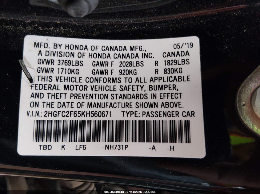 2019 HONDA CIVIC SEDAN 2.0L I-4 DOHC, VVT, 158HP