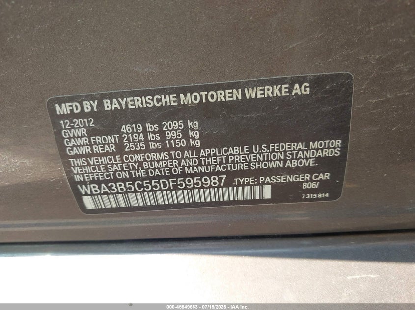 2013 BMW 328I xDrive VIN: WBA3B5C55DF595987 Lot: 45649663