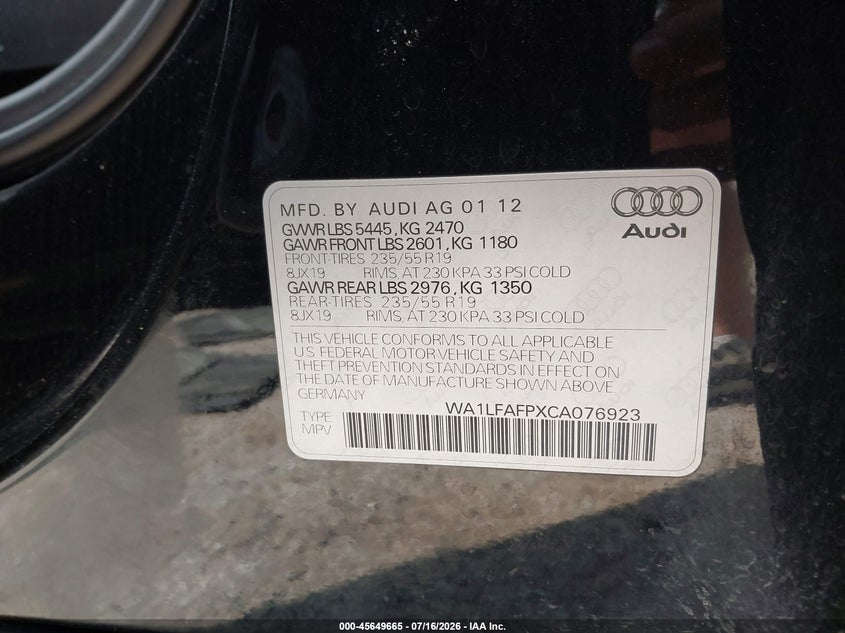2012 Audi Q5 2.0T Premium VIN: WA1LFAFPXCA076923 Lot: 45649665