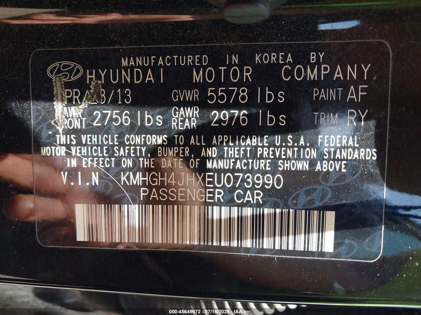 2014 Hyundai Equus Signature VIN: KMHGH4JHXEU073990 Lot: 45649672