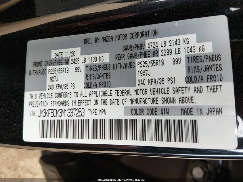 MAZDA CX-5 2021 VIN JM3KFBDM3M1337253