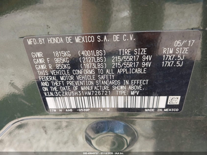 HONDA HR-V 2017 VIN 3CZRU5H31HM726721
